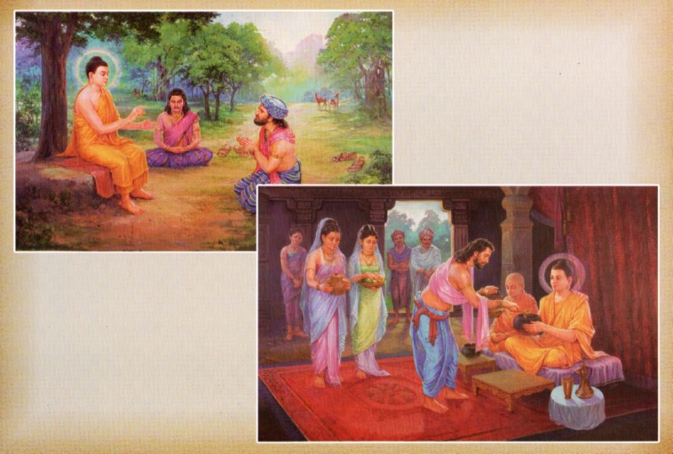 左上:佛陀向雅達父子弘法 右下:佛陀到雅達父母家中接受供養